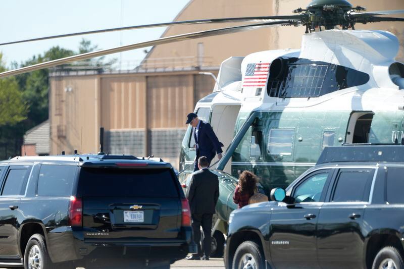 President Joe Biden arrives on Marine One at Andrews Air Force Base, Md., Saturday, April 13, 2024. (AP Photo/Pablo Martinez Monsivais)