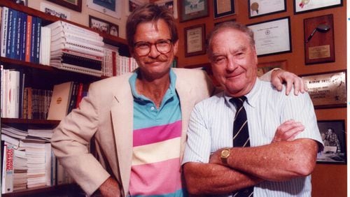 AJC humorist and columnist Lewis Grizzard (left) with AJC sports writer and columnist Furman Bisher, his idol, on Oct. 17, 1990. (Rich Mahan/AJC staff)