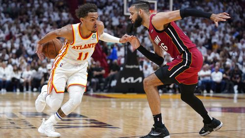 Hawks guard Trae Young (11) is eager to get back on the court next season after an early exit in the NBA playoffs. (AP Photo/Wilfredo Lee)
