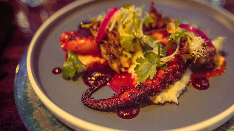 Girl Diver's barbecue octopus comes with red cabbage purée, rice grits, XO vinaigrette and chili butter. Courtesy of Girl Diver