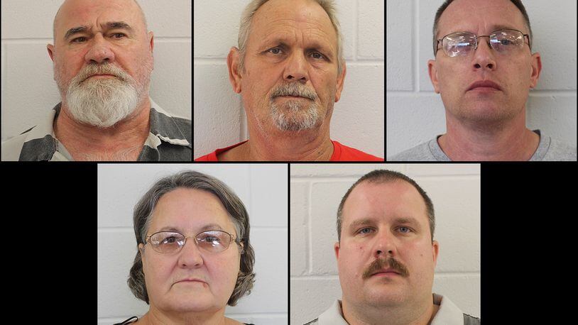 (Top, from left to right) Frankie Gebhardt, Bill Moore Sr. and Gregory Huffman; (bottom) Sandra Bunn and Lamar Bunn were arrested Friday, Oct. 13, 2017 in connection with the 1983 death of Timothy Coggins.