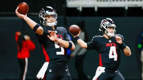 Falcons quarterback Desmond Ridder (9) will start against the Saints after Taylor Heinicke was placed on the inactive list. (Miguel Martinez/miguel.martinezjimenez@ajc.com)