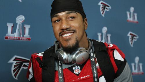 Vic Beasley Jr. smiles during Super Bowl media availability on Wednesday, Feb. 1, 2017, at the Memorial City Mall ice arena in Houston. Curtis Compton/ccompton@ajc.com
