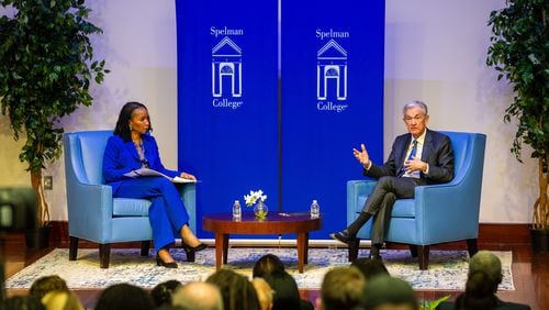 231201 ATLANTA, GA — Federal Reserve Chair Jerome Powell participates in a fireside chat with Spelman College President Helene Gayle in Atlanta on Friday, Dec. 1, 2023. 
(Bita Honarvar for The Atlanta Journal-Constitution)