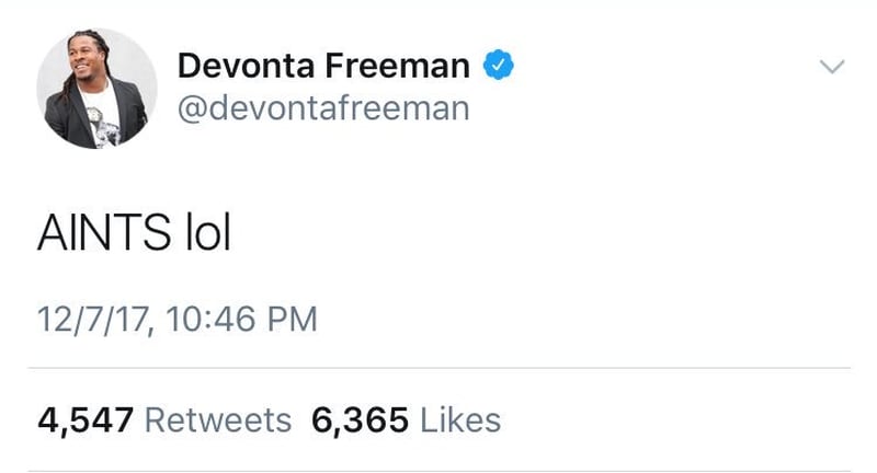 In a quickly deleted tweet, Atlanta Falcons running back Devonta Freeman trolled the New Orleans Saints after the Falcons' 20-17 win on Thursday, Dec. 7, 2017.