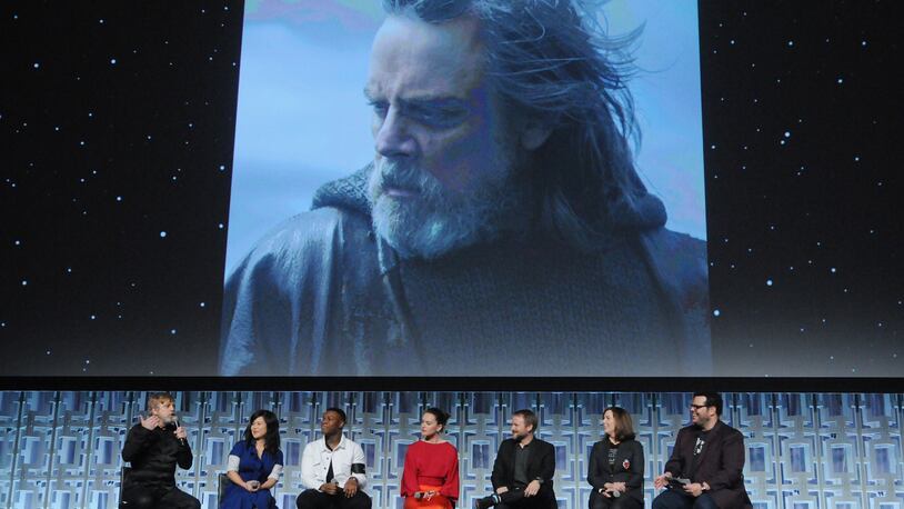 Mark Hamill, Kelly Marie Tran, John Boyega, Daisy Ridley, Rian Johnson, Kathleen Kennedy and Josh Gad attend the Star Wars: The Last Jedi panel during the 2017 Star Wars Celebration at Orange County Convention Center on April 14, 2017 in Orlando, Florida.  (Photo by Gerardo Mora/Getty Images for Disney)