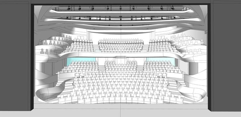 Technical sketches show the inside of the Alliance Theatre, where seating for patrons will be moved closer to the stage and audio and lighting equipment will be enhanced during renovations to take place in 2017.