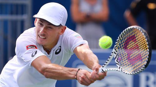 Alex De Minaur returns a shot against Taylor Fritz on his way to winning the singles title of the BB&T Atlanta Open Sunday, July 28, 2019, in Atlanta.