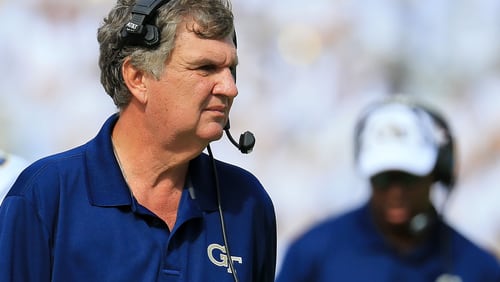Georgia Tech coach Paul Johnson looks on during the second half against the Georgia Southern Eagles at Bobby Dodd Stadium on October 15, 2016 in Atlanta, Georgia. (Photo by Daniel Shirey/Getty Images)