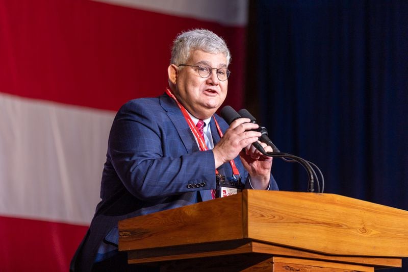 Outgoing Georgia GOP Chairman David Shafer introduces a speaker at the Georgia GOP convention in Columbus on Friday, June 9, 2023. (Arvin Temkar / arvin.temkar@ajc.com)