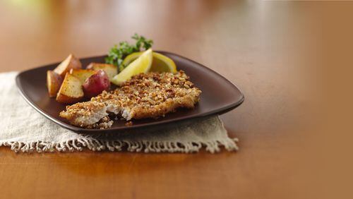 Pecan-Crusted Fish Fillets are served for Saturday’s guests with roasted red potatoes and fresh broccoli. Contributed by Houghton Mifflin Harcourt, 2016
