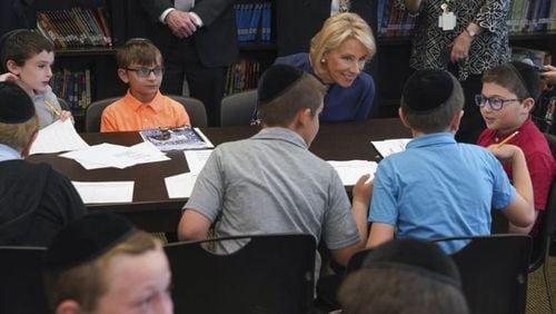 Betsy DeVos, the secretary of education, visits a third grade classroom at Yeshiva Darchei Torah in New York, May 15, 2018. DeVos toured two New York City schools on Tuesday and Wednesday, but the city’s public schools, with their 1.1 million students, were not among them.