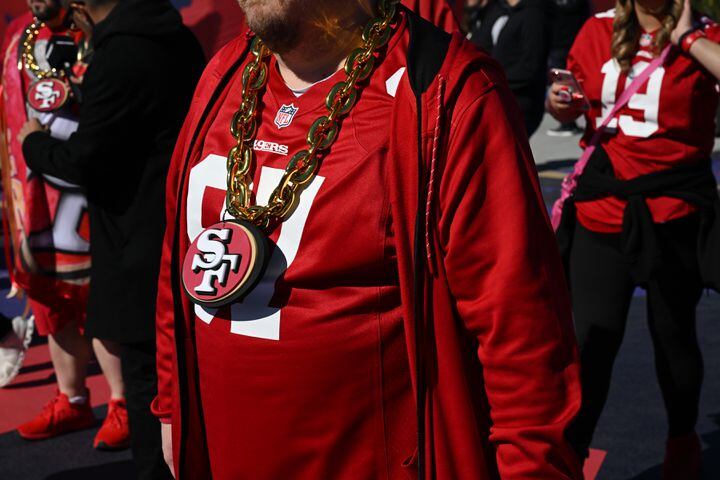 San Francisco 49ers fans arrive at Allegiant Stadium in Las Vegas before the start of Super Bowl LVIII on Sunday, Feb. 11, 2024. (Bridget Bennett/The New York Times)
