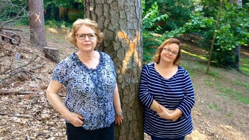 Pat Reynolds, left, and Laura Dobson, two Peachtree Hills residents who have fought the removal of trees in a park, stand by a tree marked for destruction. Photo by Bill Torpy