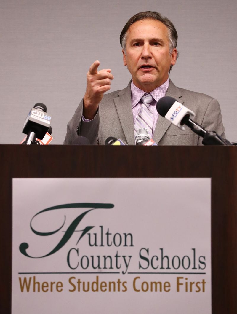 Fulton County Schools Superintendent Dr. Mike Looney holds a press conference at the Fulton County Administrative Building on Monday, March 9, 2020, announcing school closures after a middle school teacher was found to have a confirmed case of coronavirus. 