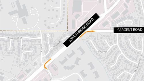 Crews will be lengthening turning lanes on Jones Bridge Road, at Addison Way and Sargent Road, Johns Creek announced.