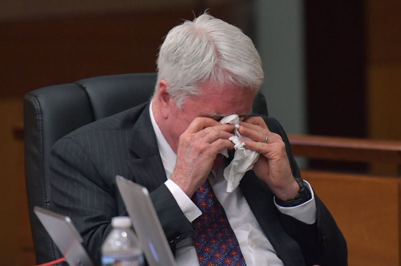Tex McIver reacts as Michael Knox, a forensics expert who specializes in crime scene reconstruction, testifies during Day 13 of the Tex McIver murder trial at Fulton County Courthouse on Thursday, March 28, 2018. HYOSUB SHIN / HSHIN@AJC.COM