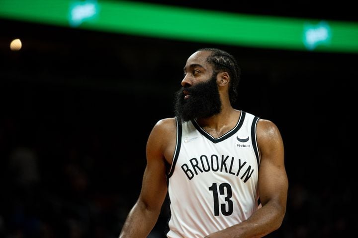 The Nets' James Harden (13) looks on during a game between the Atlanta Hawks and the Brooklyn Nets at State Farm Arena in Atlanta, GA., on Friday, December 10, 2021. (Photo/ Jenn Finch)