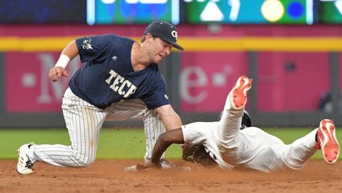 May 8, 2018 Atlanta - Georgia Tech infielder Wade Bailey (3) tags out Georgia infielder Ivan Johnson (3) in the 8th inning in the 16th annual Farmview Market Spring Classic during a NCAA college baseball game at SunTrust Park on Tuesday, May 8, 2018. Georgia won 3 - 1 over the Georgia Tech. HYOSUB SHIN / HSHIN@AJC.COM