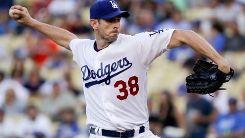 Los Angeles Dodgers starting pitcher Brandon McCarthy throws to an Atlanta Braves batter during the first inning of a baseball game in Los Angeles, Thursday, July 20, 2017. (AP Photo/Chris Carlson)