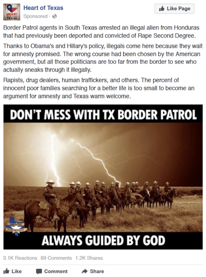 “Heart of Texas” is a Texas interest group created by Russian trolls. This ad hits on the divisive issue of border security.
