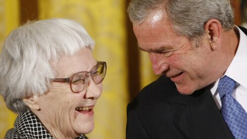 Harper Lee, who died last year, surprised the literary world by publishing her second novel, “Go Set a Watchman,” more than 50 years after her debut, “To Kill Mockingbird.” Here she is seen in 2007, receiving the Presidential Medal of Freedom from President George W. Bush. CONTRIBUTED BY ERIC DRAPER