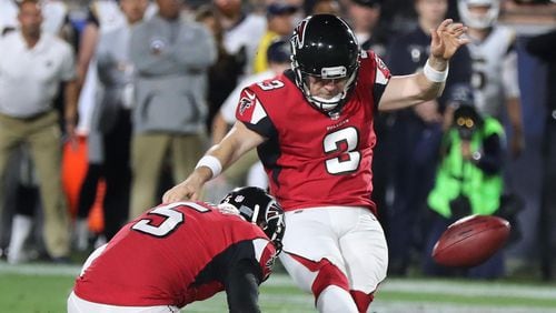 January 6, 2018 Los Angeles: Falcons Matt Bryant makes his first of two field goals after the Falcons recovered a Rams turnover on a kick off during the first quarter in their NFL Wild Card Game on Saturday, January 6, 2018, in Los Angeles.    Curtis Compton/ccompton@ajc.com