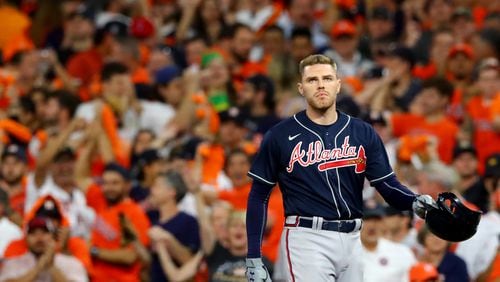 Braves first baseman Freddie Freeman reacts after grounding out to end the top of the seventh inning as Houston Astros fans cheer in game 2 of the World Series at Minute Maid Park, Wednesday October 27, 2021, in Houston, Tx. Curtis Compton / curtis.compton@ajc.com