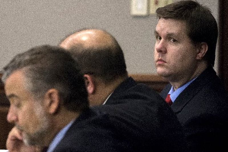 Justin Ross Harris (far right) and lead defense attorney Maddox Kilgore (far left) during the 2016 Cobb County murder trial for the hot-car death of Harris' 22-month-old son. (Credit: Stephen B. Morton for The Atlanta Journal-Constitution)