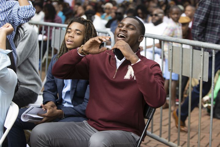 Quentin Noaks cheers during the Morehouse College commencement ceremony on Sunday, May 21, 2023, on Century Campus in Atlanta. The graduation marked Morehouse College's 139th commencement program. CHRISTINA MATACOTTA FOR THE ATLANTA JOURNAL-CONSTITUTION