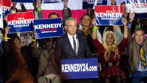 Robert F. Kennedy Jr. officially announces his candidacy for president on April 19, 2023 in Boston. Kennedy has the backing of 10% of swing-state voters in his independent presidential bid that is draining support from Republican and Democratic rivals ahead of next year's election, a Bloomberg News/Morning Consult poll found. (Scott Eisen/Getty Images/TNS)