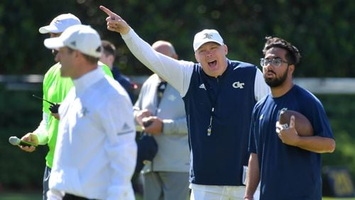 Georgia Tech head coach Geoff Collins makes a point in spring - and many more are to come. (HYOSUB SHIN / HSHIN@AJC.COM)