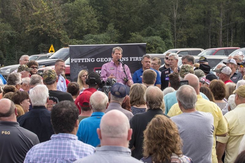 Republican Gubernatorial candidate Brian Kemp speaks to a crowd gathered at Appalachian Gun, Pawn & Range during a stop in Jasper, Monday, October 1, 2018. Monday was the first day of Brian Kemp's weeklong bus tour where he and his campaign will visit 27 counties in 5 days. (ALYSSA POINTER/ALYSSA.POINTER@AJC.COM)