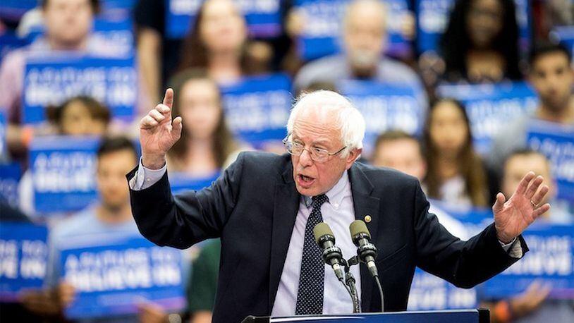 U.S. Senator and Democratic Party presidential candidate Bernie Sanders speaks during a rally at Penn State University in State College, Pa., Tuesday, April 19, 2016. (Sean Simmers/PennLive.com via AP