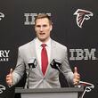 Atlanta Falcons quarterback Kirk Cousins address his remarks during his introductory press conference at the Falcons practice facility in Flowery Branch on Wednesday, March 13, 2024.
Miguel Martinez/miguel.martinezjimenez@ajc.com