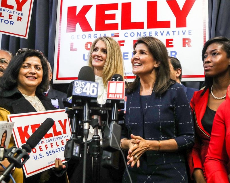 Former U.N. Ambassador Nikki Haley, center right, campaigned Friday with U.S. Sen. Kelly Loeffler.