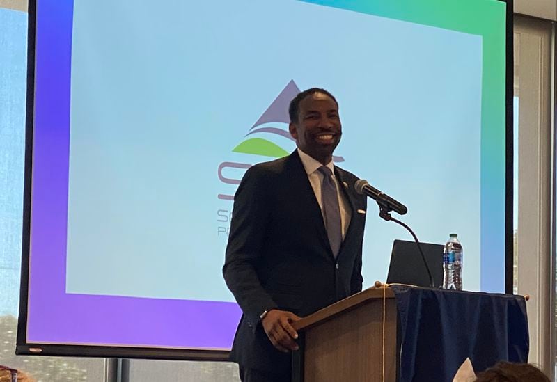 Atlanta Mayor Andre Dickens was guest speaker at a Sandy Springs Perimeter Chamber luncheon held at City Hall Tuesday. The Atlanta mayor said he feels connected to business leaders and residents. Credit: Adrianne Murchison