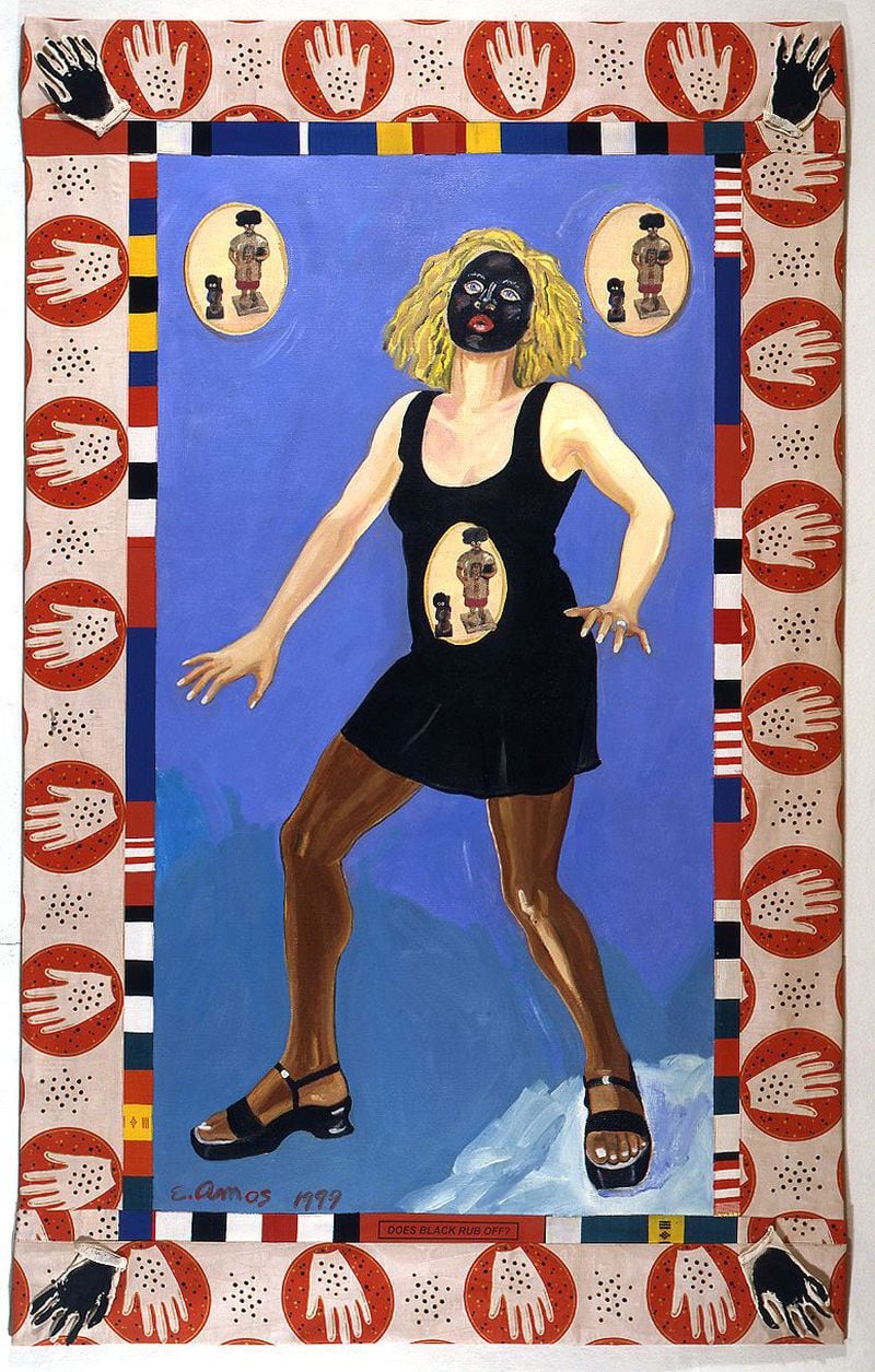 One of several pieces in the new Georgia Museum retrospective: "Emma Amos: Color Odyssey," opening on Jan. 30. Amos, born in Atlanta, used her career to challenge ideas around race, sex, and class. This painting is part of the permanent collection of the Morris Museum in Augusta. 1999. Oil paint on linen canvas with African fabric borders, 90 x 56 inches.