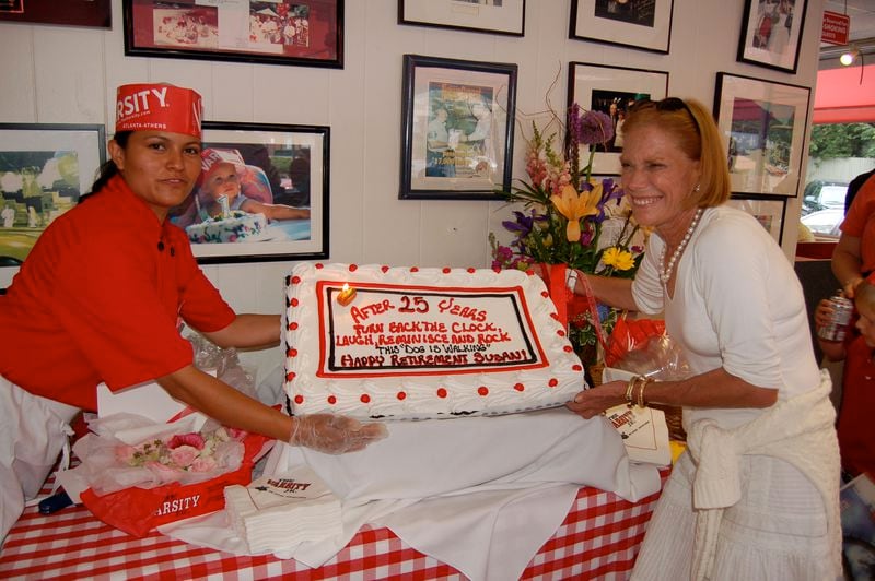 Susan Gordy, owner of the Varsity Jr. on Lindbergh Drive, celebrated her retirement from the then-41-year-old eatery May 30, 2006, with 300 hot dog-eating friends, customers and family members. She and Patricia Guillen celebrated with a cake. Handout