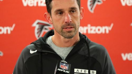 Falcons offensive coordinator Kyle Shanahan holds his press conference while preparing for the NFC divisional playoff football game against the Seahawks. Curtis Compton/ccompton@ajc.com