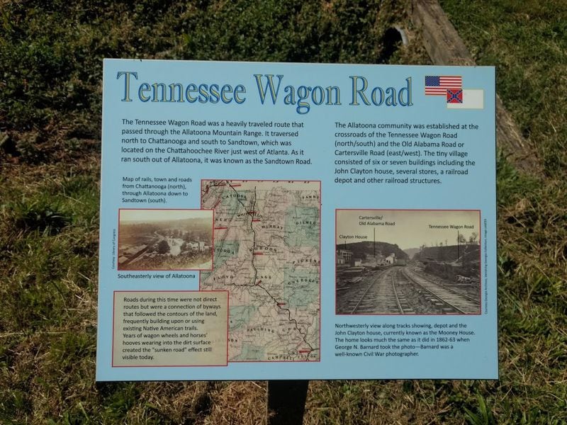 A marker at the battlefield shows a map of North Georgia from that era and a photo of the railroad line through nearby Cartersville. Today the site is next to Lake Allatoona. 