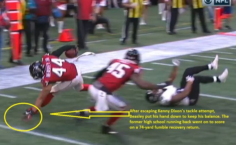 Falcons defensive end Vic Beasley was a running back in high school. He showed off his skills on the 74-yard fumble recovery return for a touchdown.