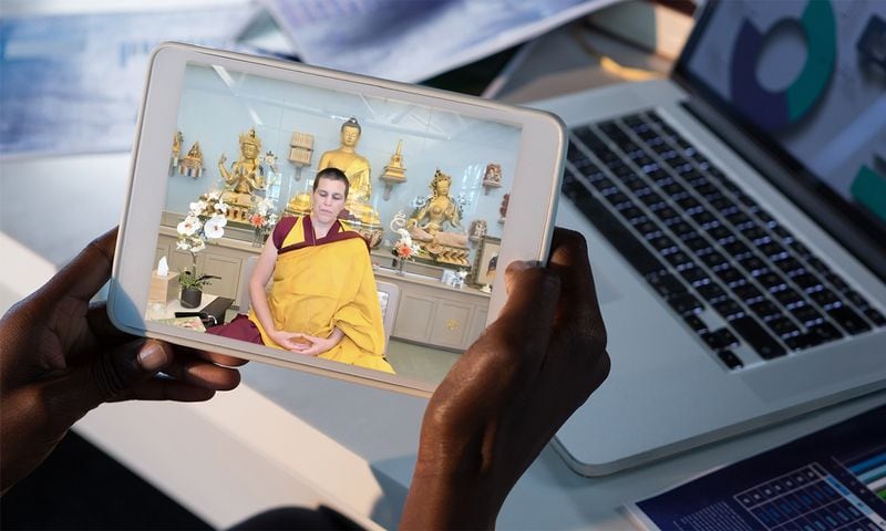 A student practices meditation through Kadampa Meditation Center Georgia's online services during the pandemic.