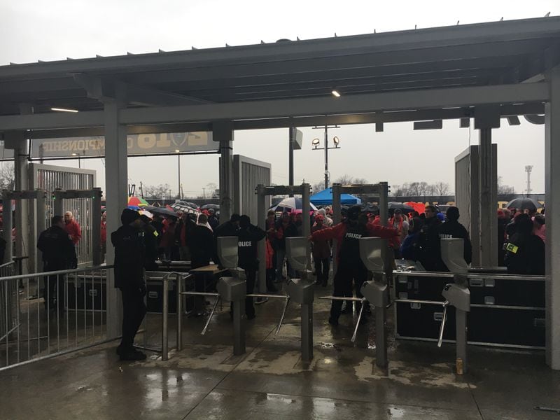 This was the scene at Gate 1 about 5 minutes before fans were allowed into Mercedes-Benz Stadium on Monday, January 8, 2018 for the College Football Playoff National Championship.