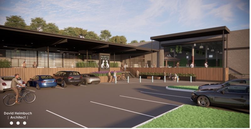 Painted Pickle, a new pickleball-themed venue from Painted Warehouse, is expected to open on the Northeast BeltLine in December. Exterior and Interior renderings of Painted Pickle.