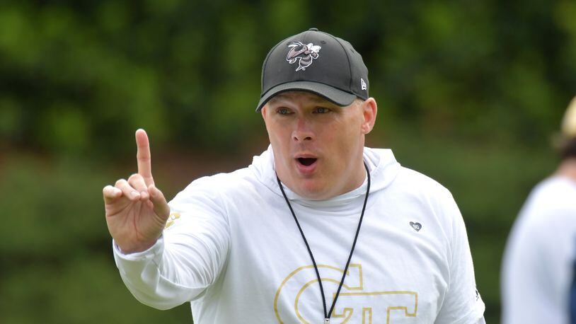 April 18, 2019 Atlanta - Georgia Tech head coach Geoff Collins gestures as he shouts instructions during a practice session at Georgia Tech's football outdoor practice field on Thursday, April 18, 2019. HYOSUB SHIN / HSHIN@AJC.COM