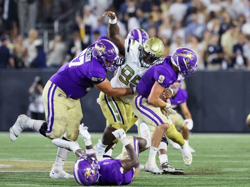 Georgia Tech defensive lineman Jason Moore (95) is another walk-on who is receiving significant playing time. (Arvin Temkar / arvin.temkar@ajc.com)