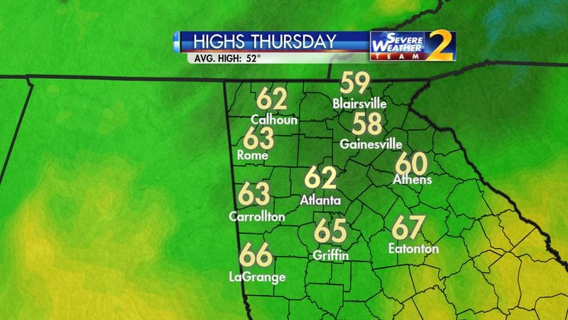 Atlanta's forecast high is 62 degrees Thursday. (Credit: Channel 2 Action News)