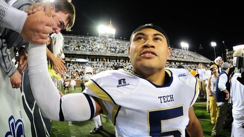 ATLANTA, GA - OCTOBER 4: Justin Thomas #5 of the Georgia Tech Yellow Jackets celebrates with fans after the game against the Miami Hurricanes at Bobby Dodd Stadium on October 4, 2014 in Atlanta, Georgia. (Photo by Scott Cunningham/Getty Images)