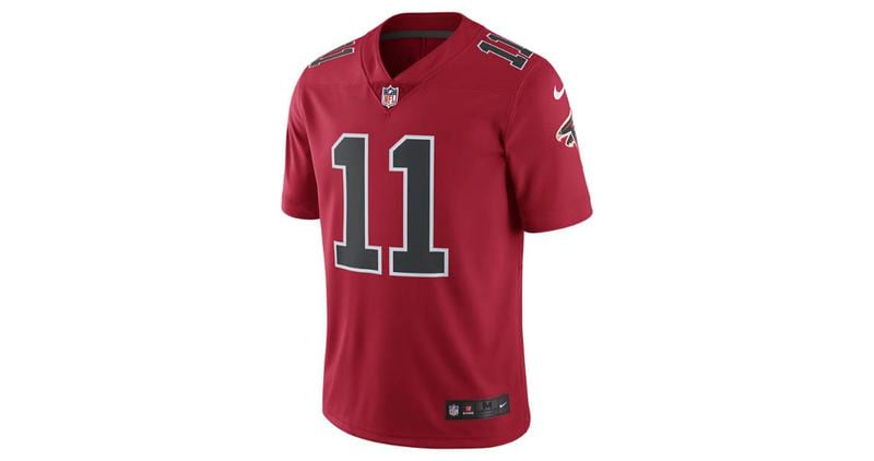 Falcons red color rush jersey is on sale in the NFL store.